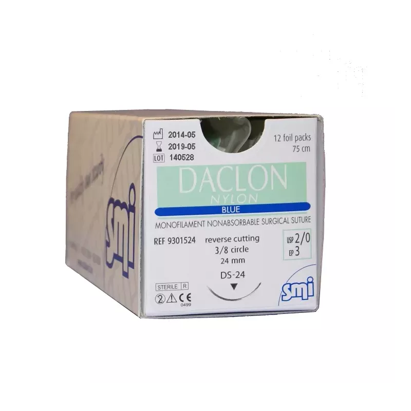 Daclon Nylon niebieski z igłą okrągłą (1/2 koła), 12 saszetek